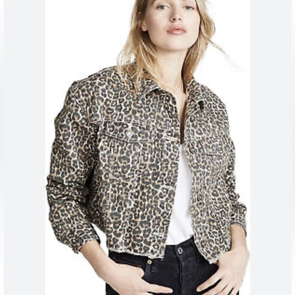 Free People Leopard Print Cropped Raw Hem Denim Jacket Size Smalll - Picture 2 of 16
